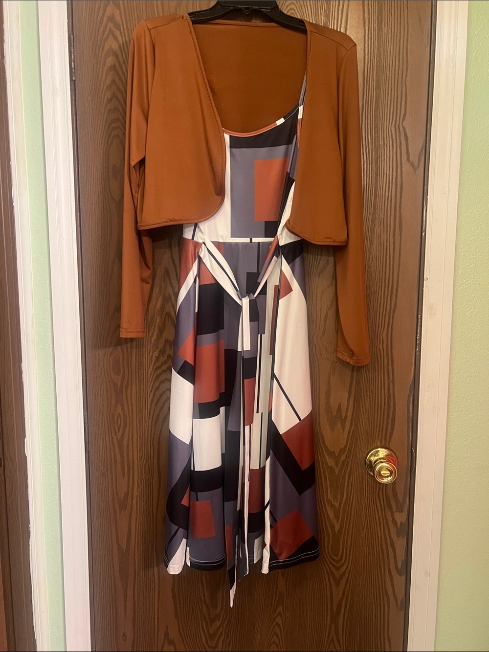 Geo-Block Midi Dress with Rust Bolero